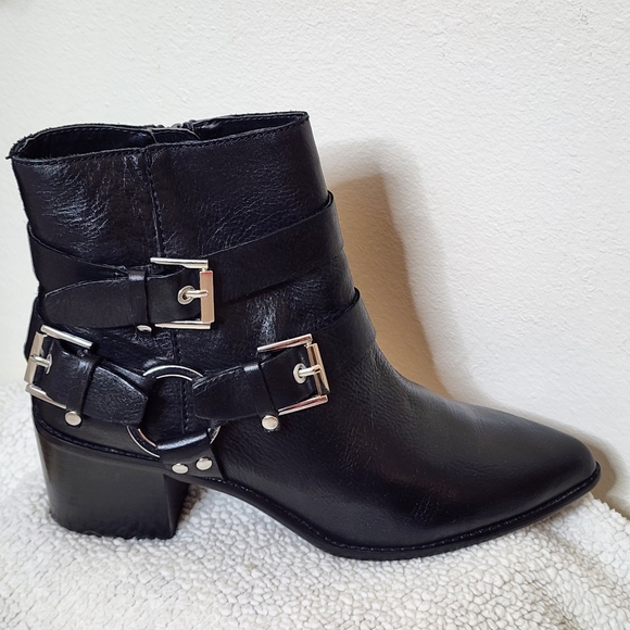 Aldo Black Leather Ankle Boots with Buckle Detail Moto Military Harness Boots - Picture 9 of 14